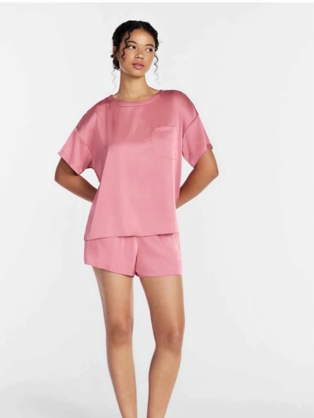 Joyspun Women’s Satin Top and Shorts Elegant and Soft Pajama Set.